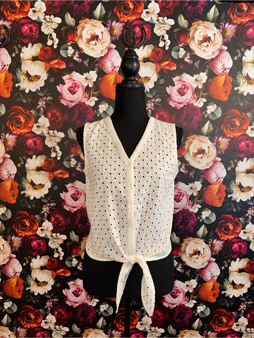Francesca's Collections Cream Eyelet Tie-Front Button Down Top, Small, NWT